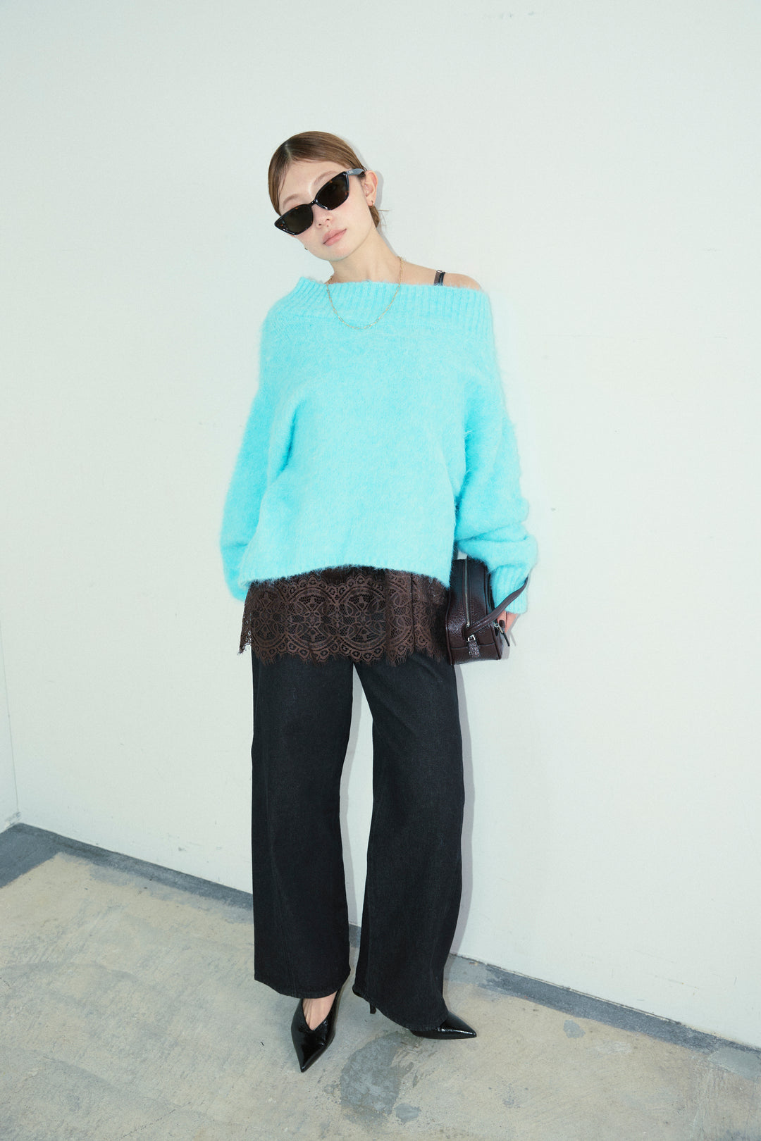 [予約/SET]アルパカタッチタッチ毛掻きオフショルニット+5ポケットサイド切り替えデニム(2set)