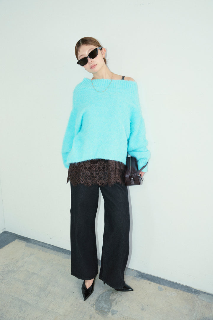 [予約/SET]アルパカタッチタッチ毛掻きオフショルニット+5ポケットサイド切り替えデニム(2set)