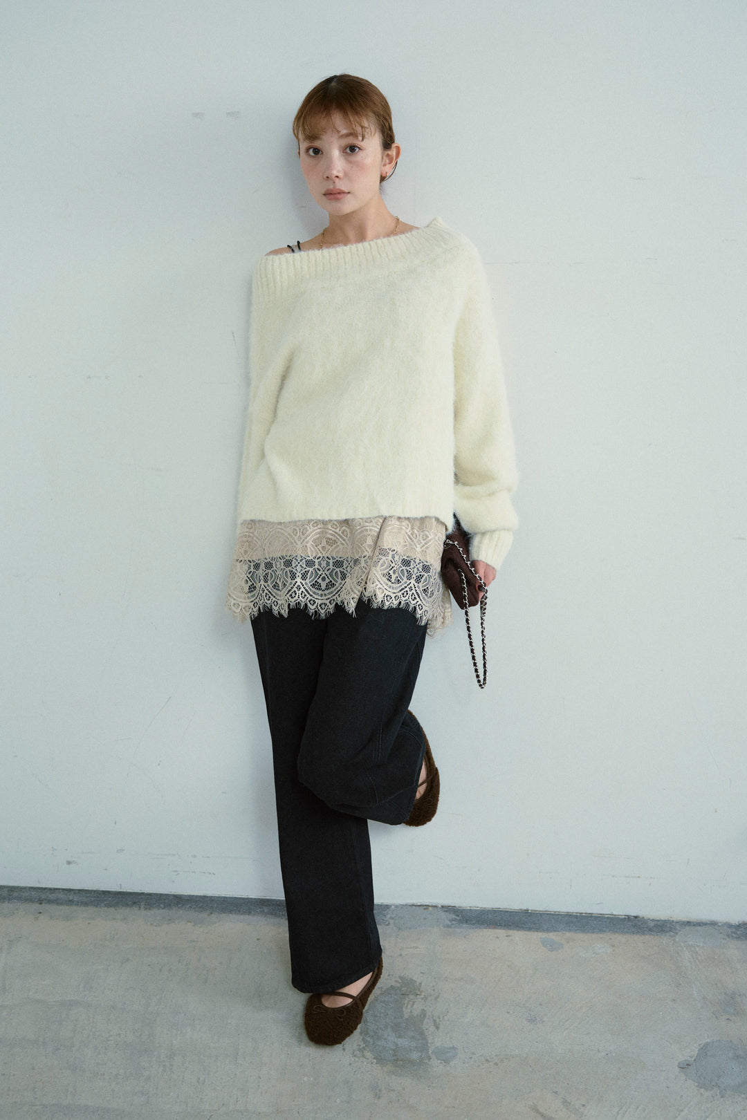 [予約/SET]アルパカタッチタッチ毛掻きオフショルニット+5ポケットサイド切り替えデニム(2set)