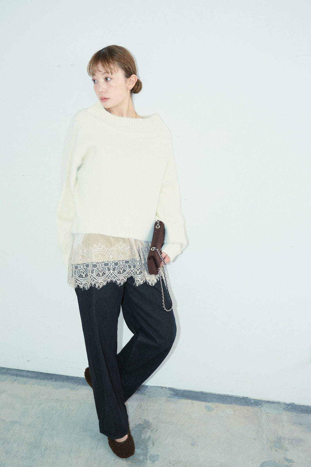 [予約/SET]アルパカタッチタッチ毛掻きオフショルニット+5ポケットサイド切り替えデニム(2set)