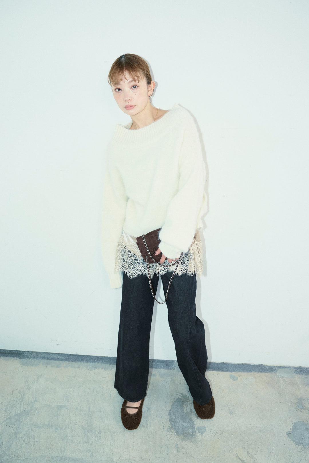 [予約/SET]アルパカタッチタッチ毛掻きオフショルニット+5ポケットサイド切り替えデニム(2set)