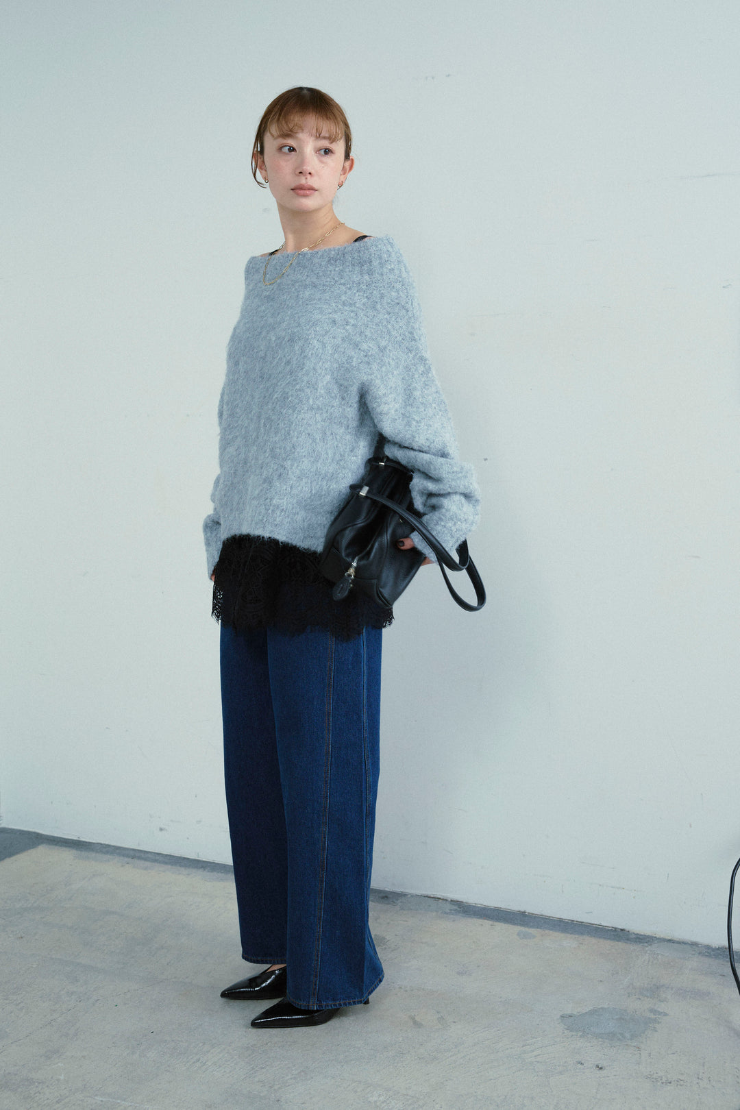 [予約/SET]アルパカタッチタッチ毛掻きオフショルニット+5ポケットサイド切り替えデニム(2set)