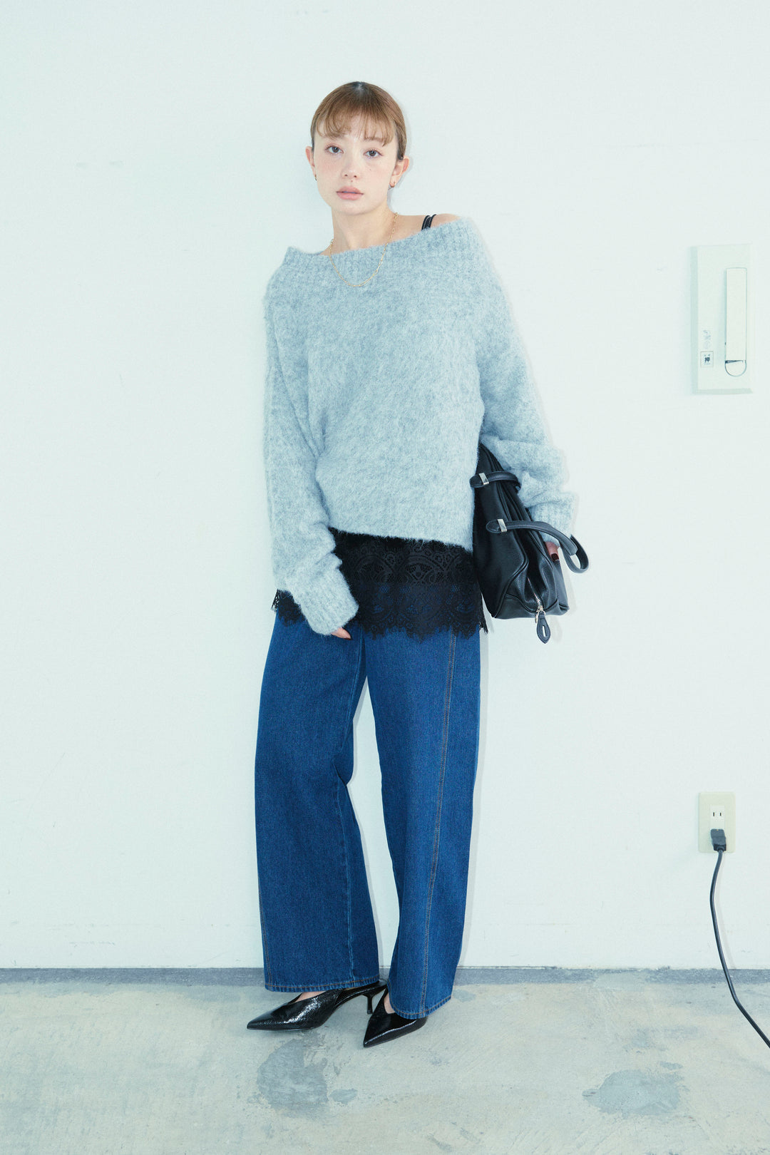 [予約/SET]アルパカタッチタッチ毛掻きオフショルニット+5ポケットサイド切り替えデニム(2set)