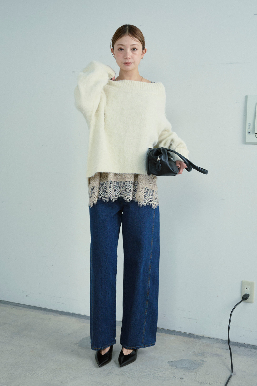 [予約/SET]アルパカタッチタッチ毛掻きオフショルニット+5ポケットサイド切り替えデニム(2set)