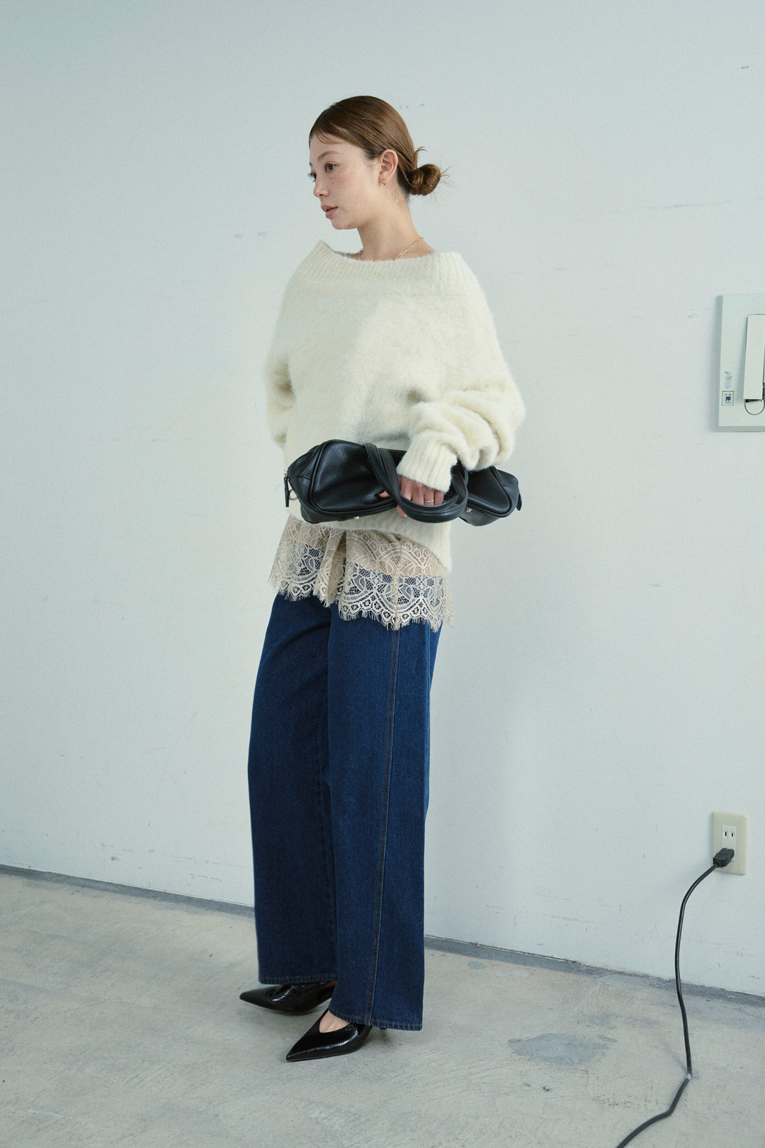 [予約/SET]アルパカタッチタッチ毛掻きオフショルニット+5ポケットサイド切り替えデニム(2set)