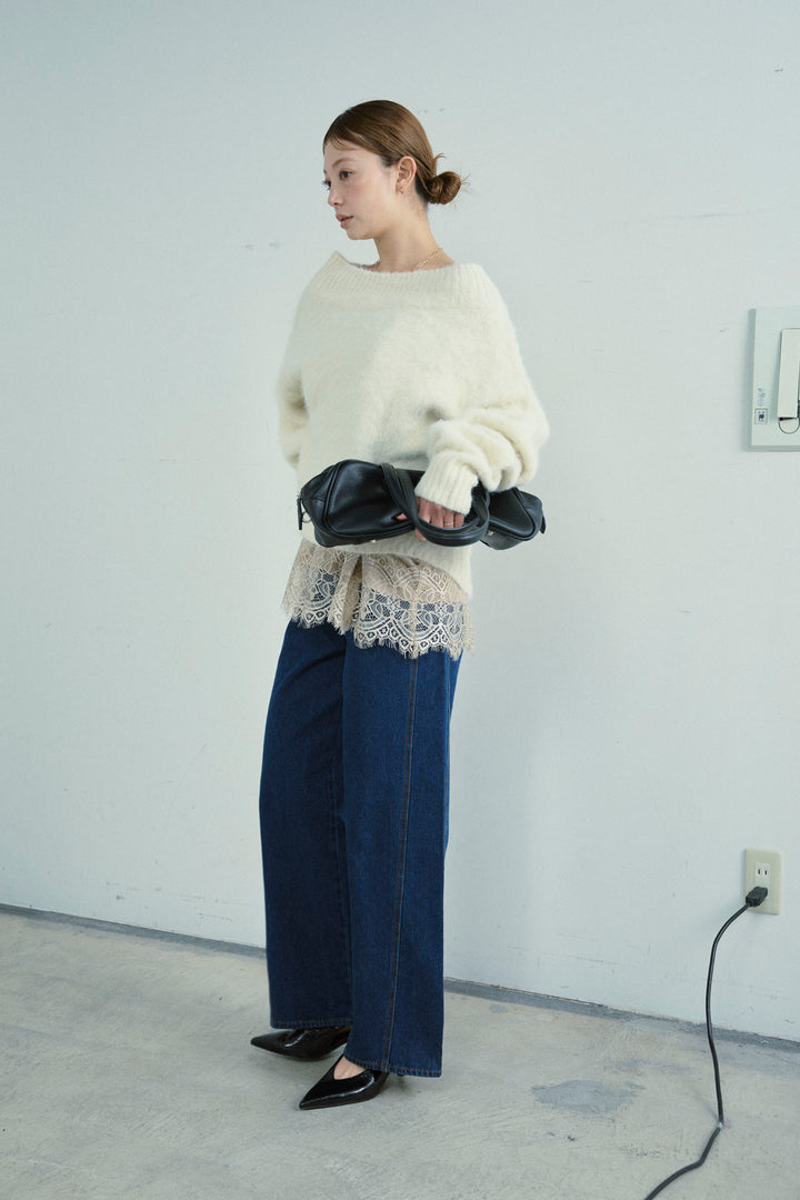 [予約/SET]アルパカタッチタッチ毛掻きオフショルニット+5ポケットサイド切り替えデニム(2set)