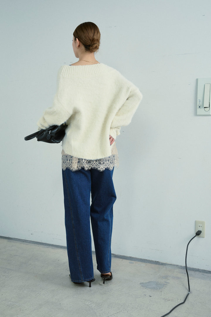 [予約/SET]アルパカタッチタッチ毛掻きオフショルニット+5ポケットサイド切り替えデニム(2set)