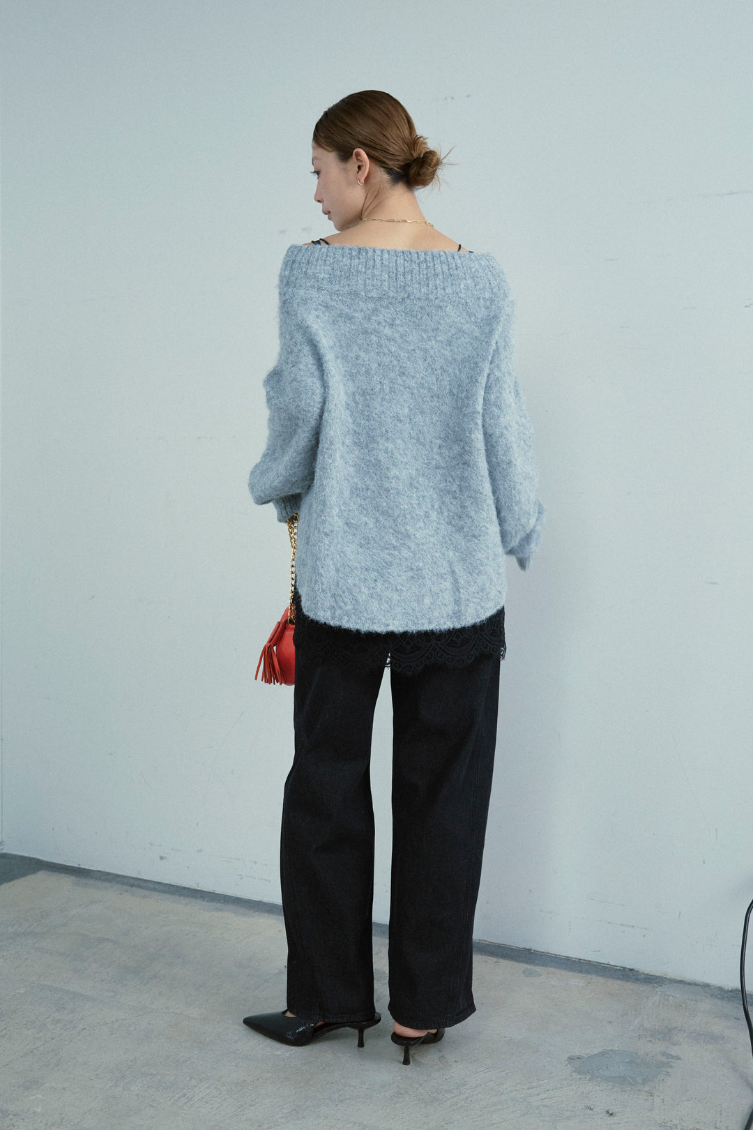 [予約/SET]アルパカタッチタッチ毛掻きオフショルニット+5ポケットサイド切り替えデニム(2set)