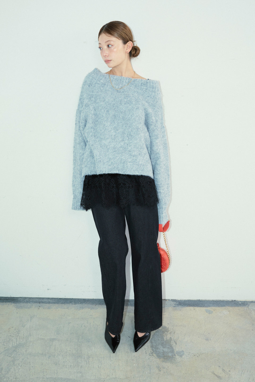 [予約/SET]アルパカタッチタッチ毛掻きオフショルニット+5ポケットサイド切り替えデニム(2set)