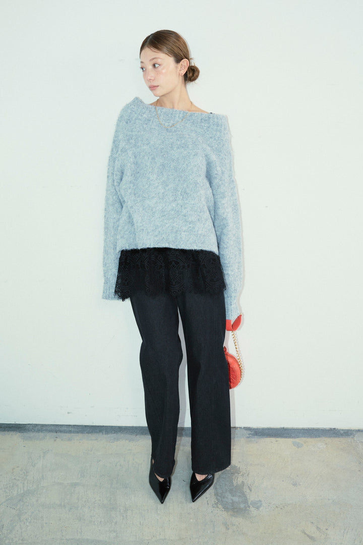 [予約/SET]アルパカタッチタッチ毛掻きオフショルニット+5ポケットサイド切り替えデニム(2set)