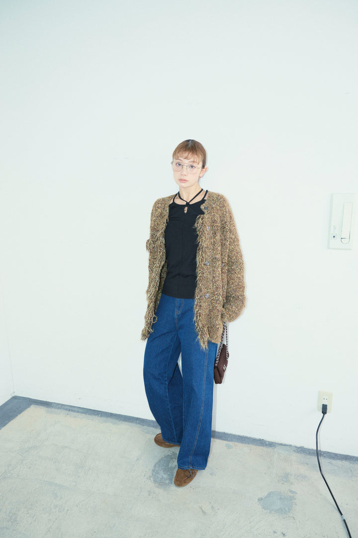 [予約/SET]フリンジニットカーディガン+5ポケットサイド切り替えデニム(2set)