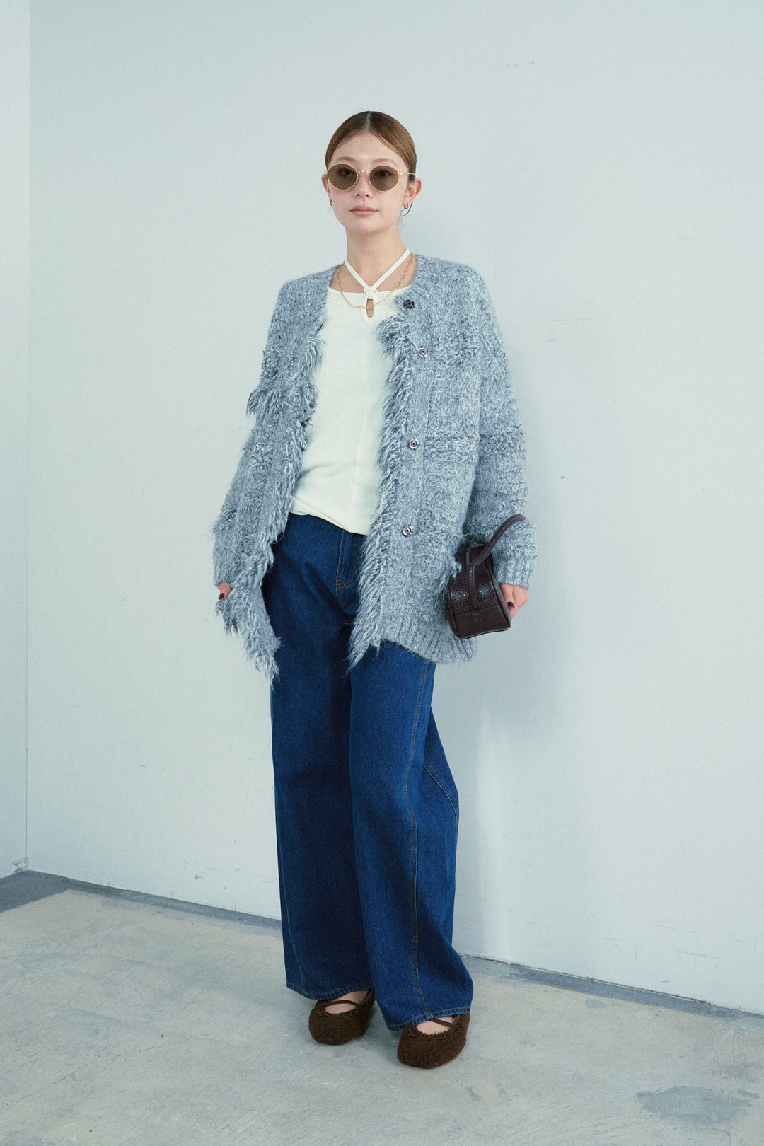 [予約/SET]フリンジニットカーディガン+5ポケットサイド切り替えデニム(2set)