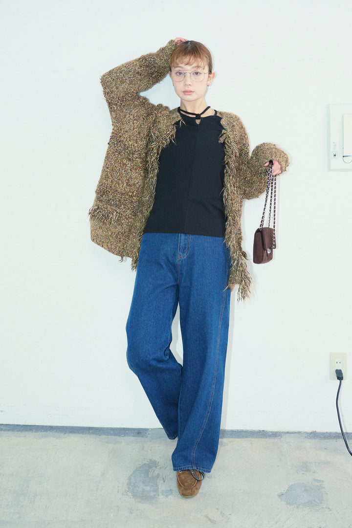 [予約/SET]フリンジニットカーディガン+5ポケットサイド切り替えデニム(2set)