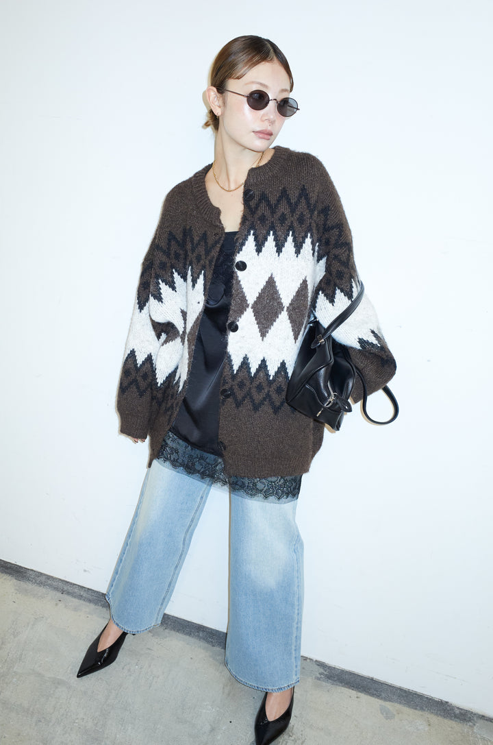 [予約/SET]ネイティブ柄オーバーカーディガン+ウエスト切り替えストレートデニム(2set)