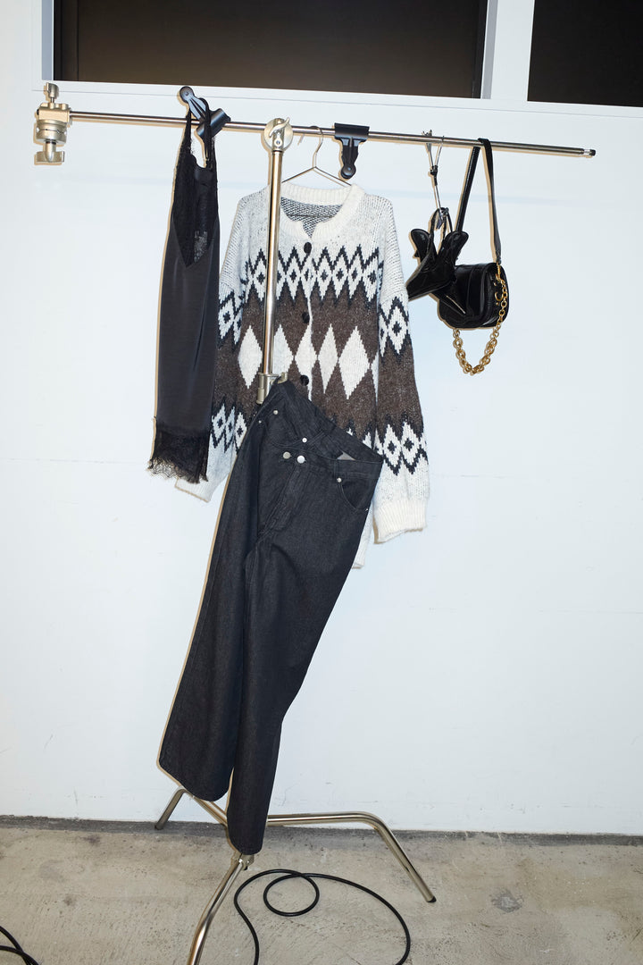 [予約/SET]ネイティブ柄オーバーカーディガン+ウエスト切り替えストレートデニム(2set)