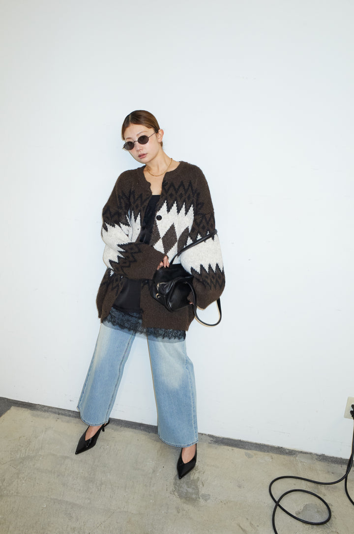 [予約/SET]ネイティブ柄オーバーカーディガン+ウエスト切り替えストレートデニム(2set)