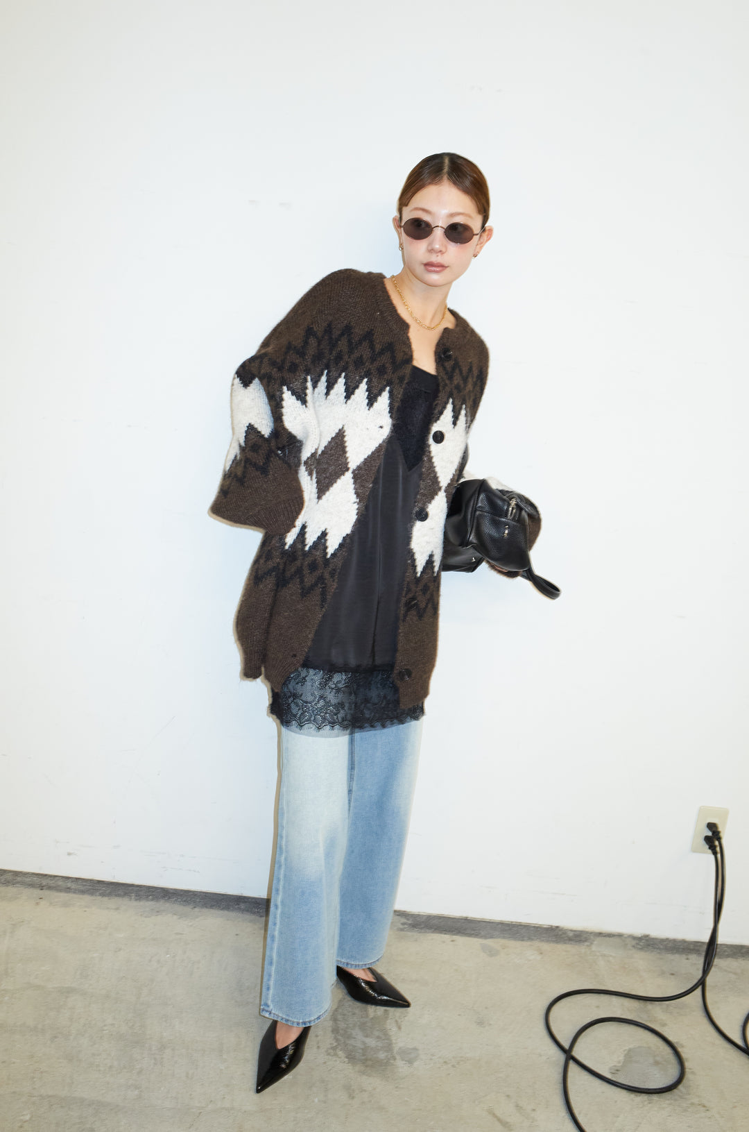 [予約/SET]ネイティブ柄オーバーカーディガン+レースキャミ+ウエスト切り替えストレートデニム(3set)