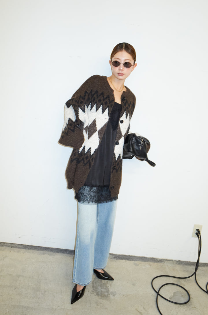 [予約/SET]ネイティブ柄オーバーカーディガン+レースキャミ+ウエスト切り替えストレートデニム(3set)