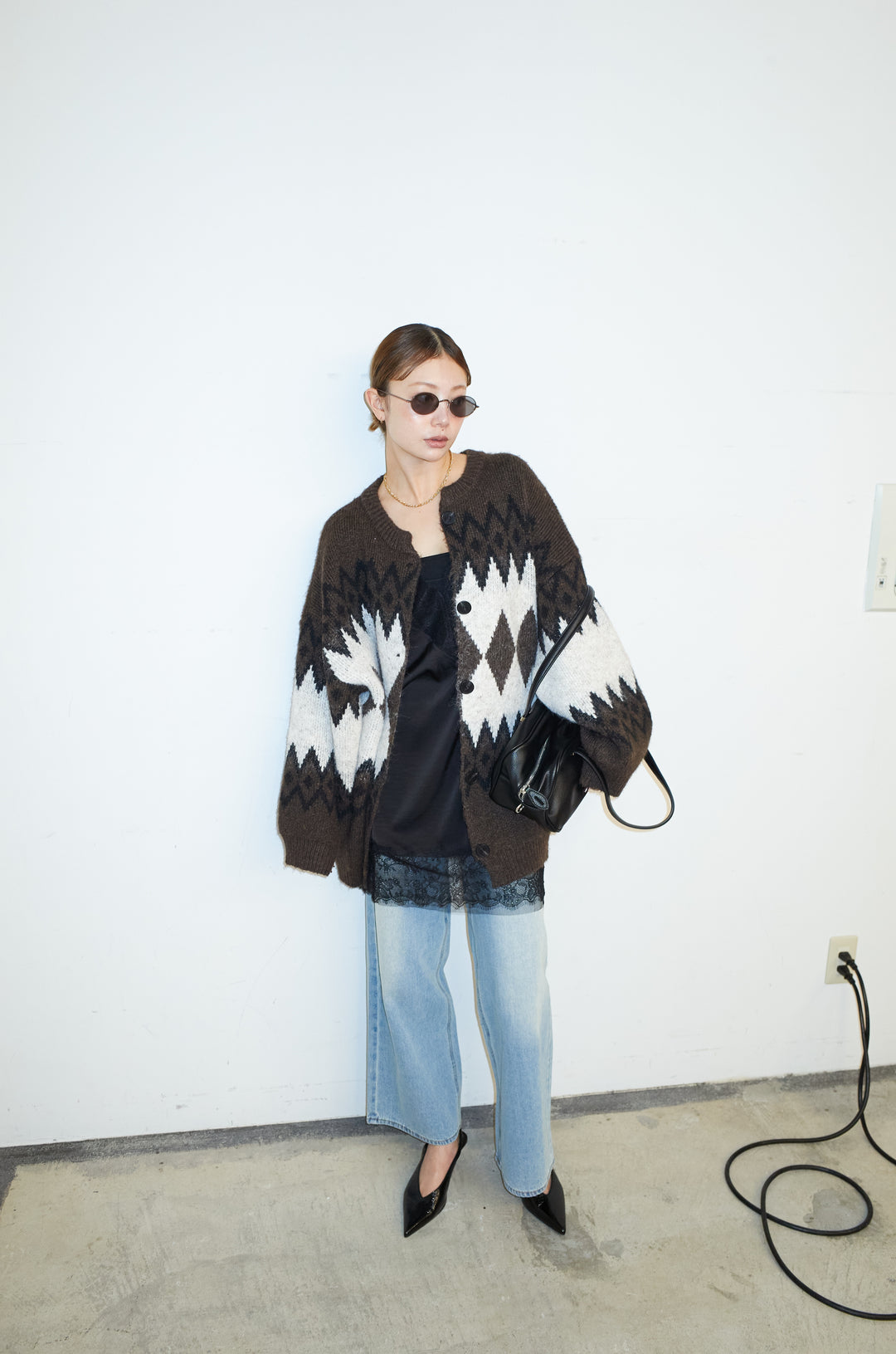 [予約/SET]ネイティブ柄オーバーカーディガン+レースキャミ+ウエスト切り替えストレートデニム(3set)