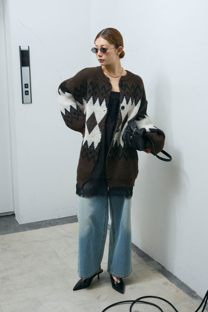 [予約/SET]ネイティブ柄オーバーカーディガン+レースキャミ+ウエスト切り替えストレートデニム(3set)