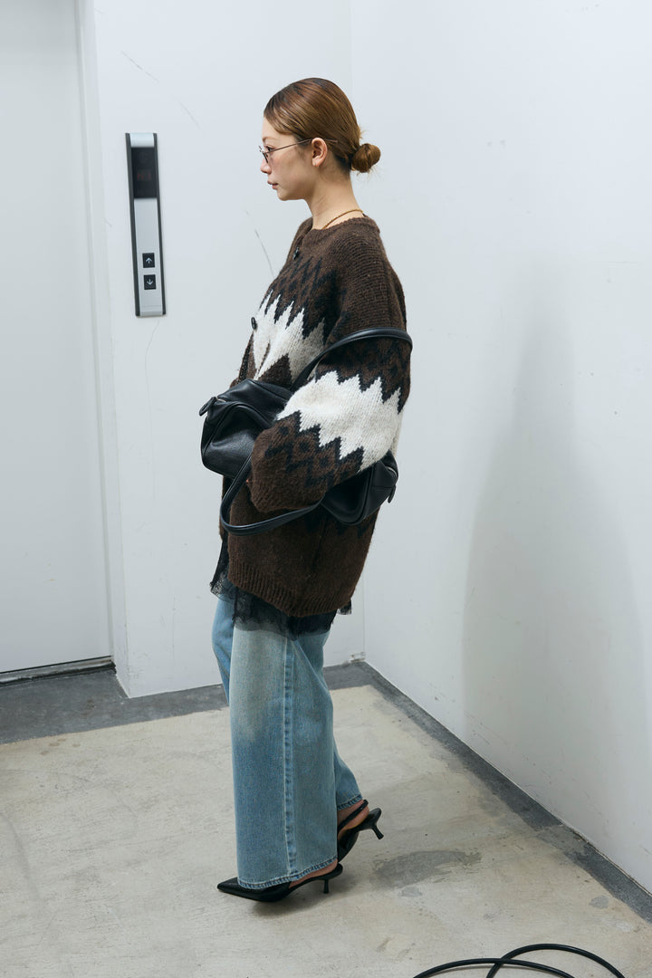 [予約/SET]ネイティブ柄オーバーカーディガン+レースキャミ+ウエスト切り替えストレートデニム(3set)