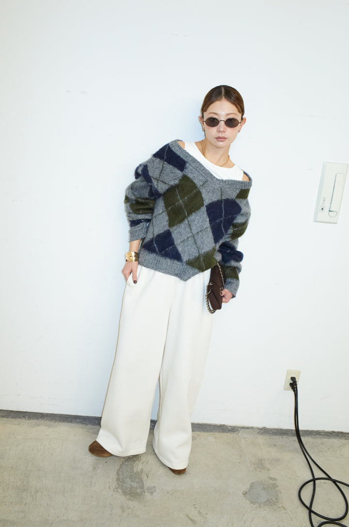 [予約/SET]モヘアタッチアーガイルVネックプルオーバー+裏起毛スウェットワイドパンツ(2set)