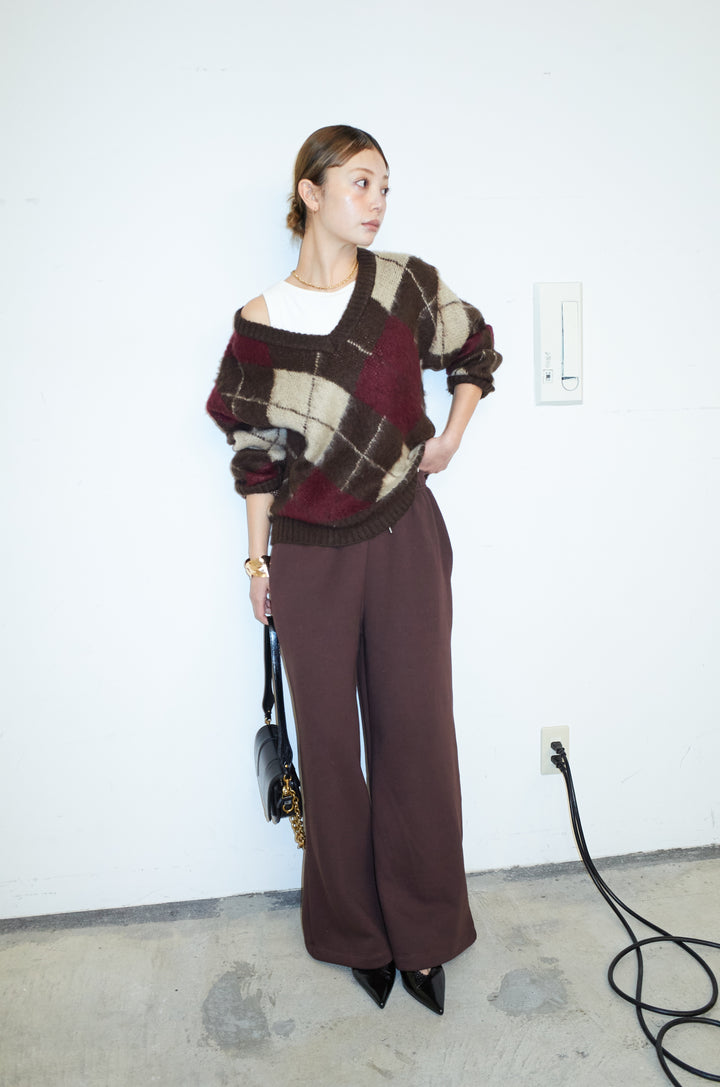 [予約/SET]モヘアタッチアーガイルVネックプルオーバー+裏起毛スウェットワイドパンツ(2set)