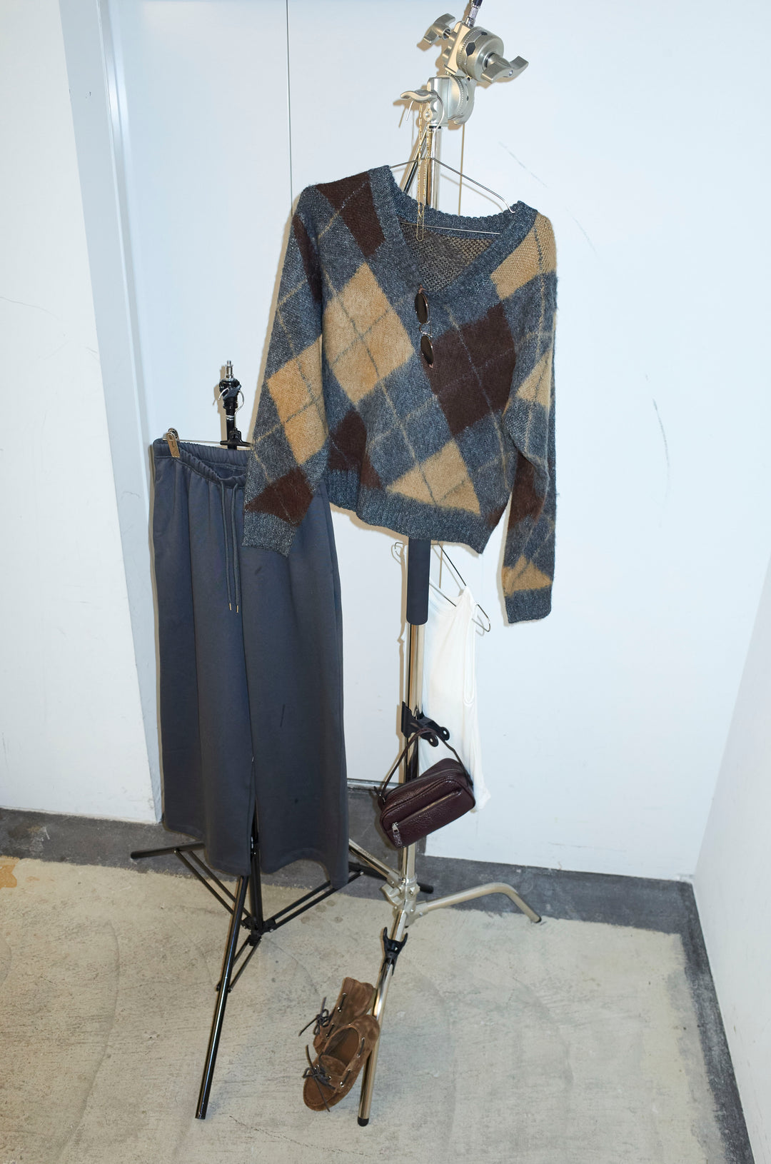 [予約/SET]モヘアタッチアーガイルVネックプルオーバー+裏起毛スウェットワイドパンツ(2set)