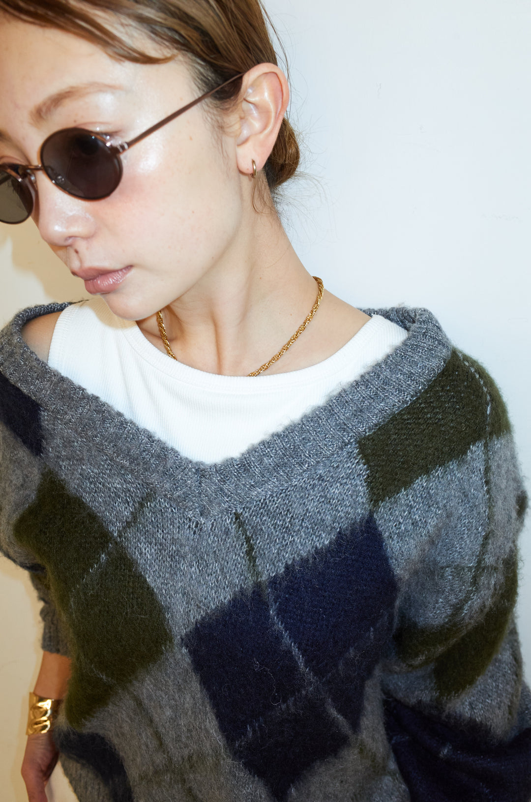 [予約/SET]モヘアタッチアーガイルVネックプルオーバー+裏起毛スウェットワイドパンツ(2set)