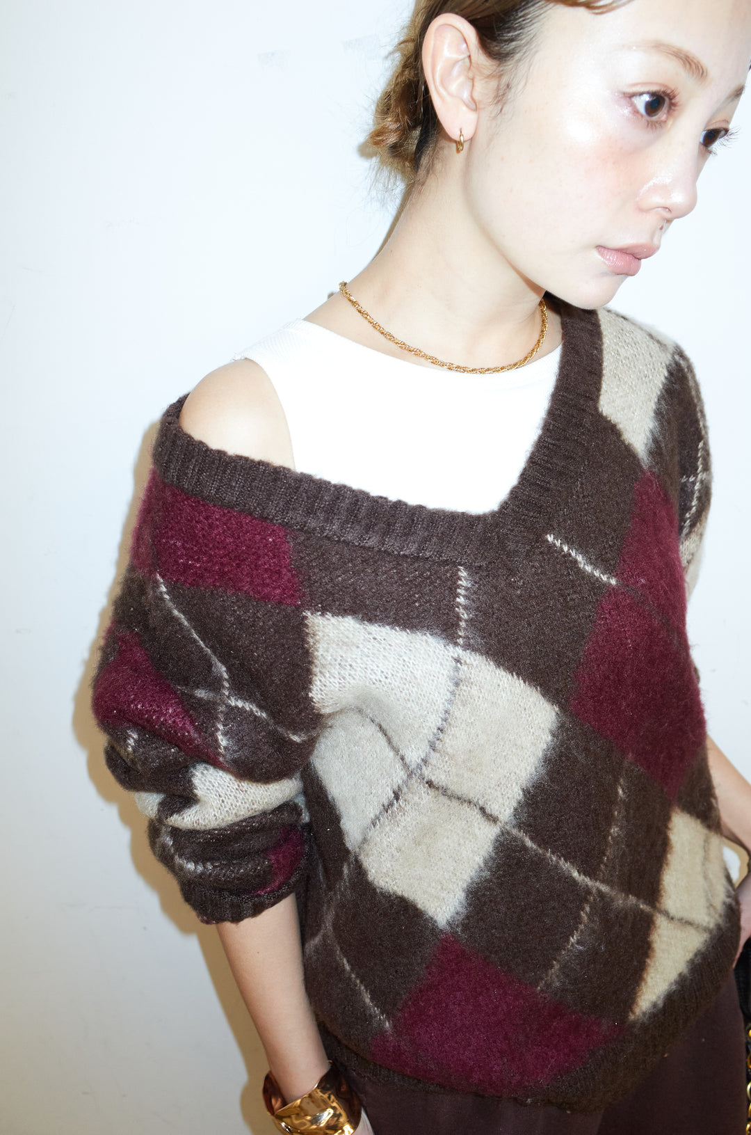 [予約/SET]モヘアタッチアーガイルVネックプルオーバー+裏起毛スウェットワイドパンツ(2set)