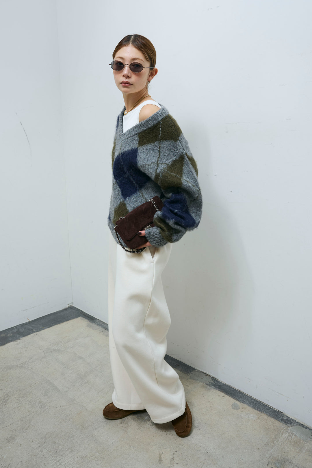 [予約/SET]モヘアタッチアーガイルVネックプルオーバー+裏起毛スウェットワイドパンツ(2set)