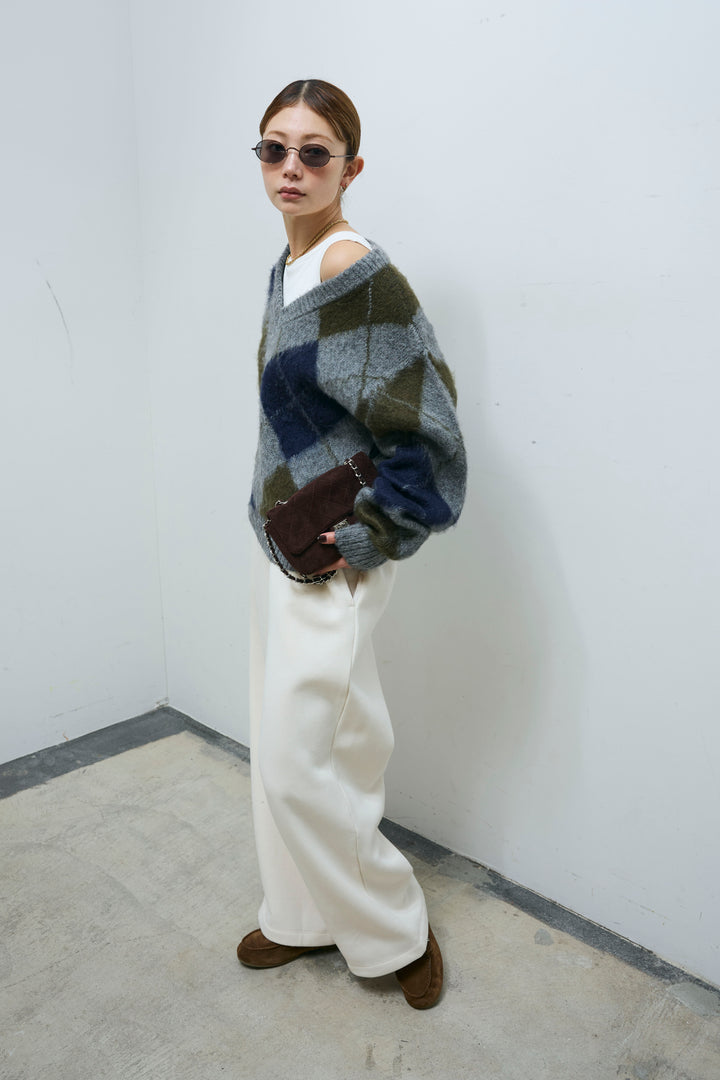 [予約/SET]モヘアタッチアーガイルVネックプルオーバー+裏起毛スウェットワイドパンツ(2set)