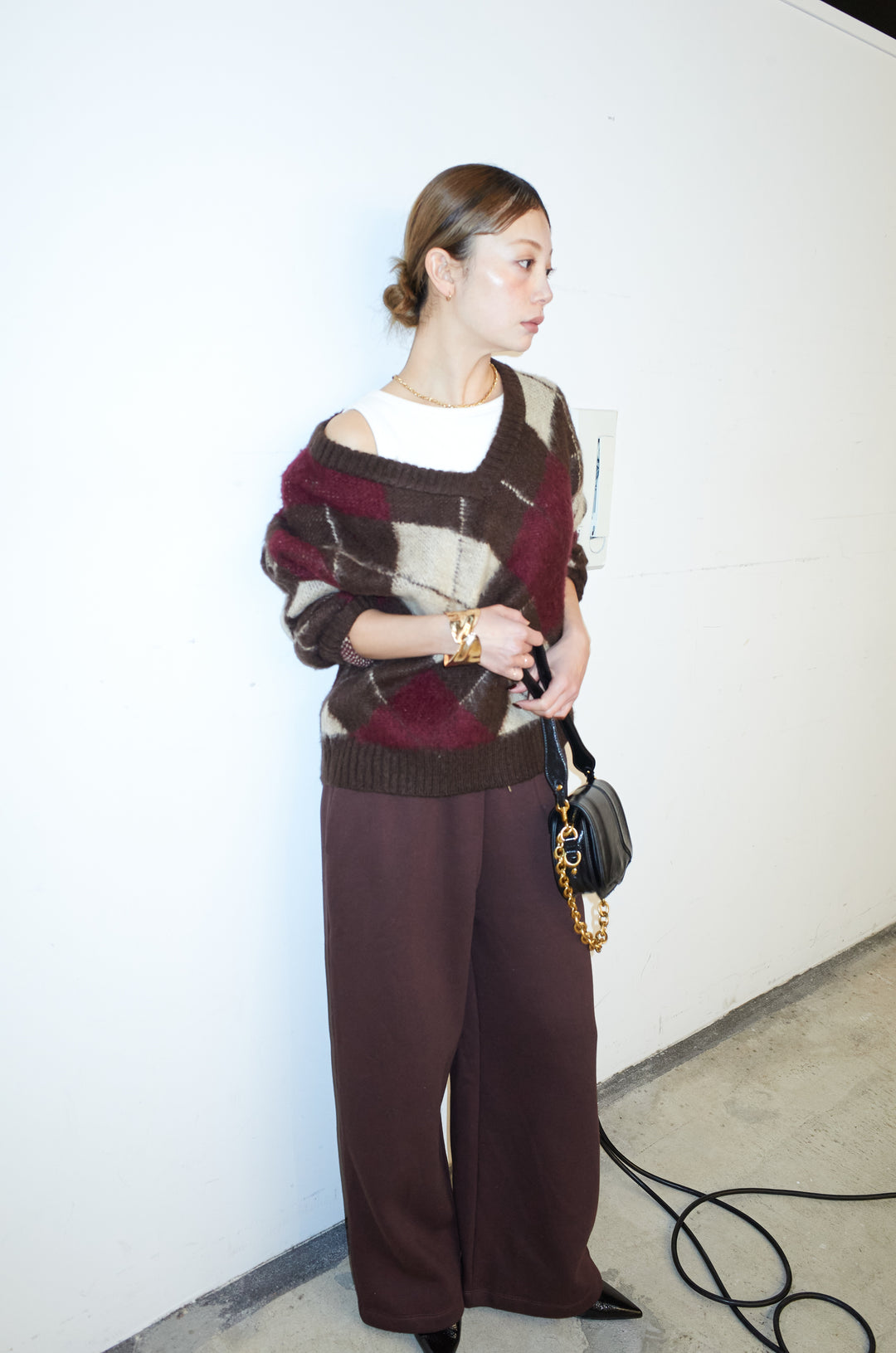 [予約/SET]モヘアタッチアーガイルVネックプルオーバー+裏起毛スウェットワイドパンツ(2set)