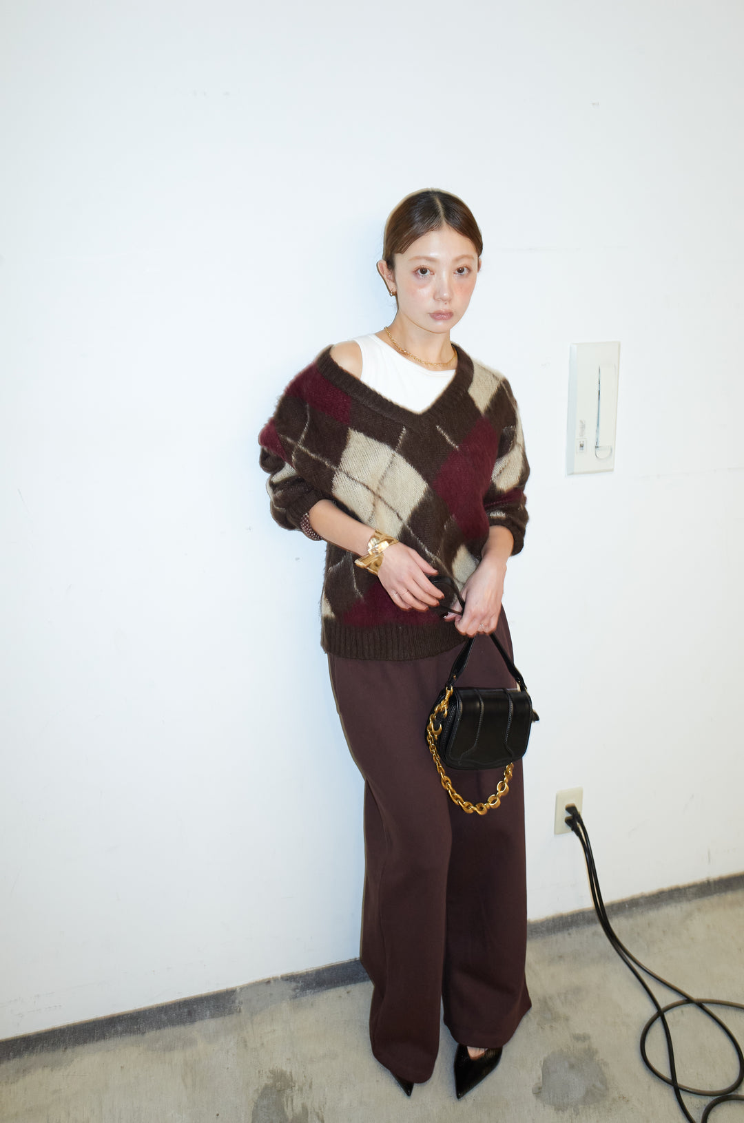 [予約/SET]モヘアタッチアーガイルVネックプルオーバー+裏起毛スウェットワイドパンツ(2set)