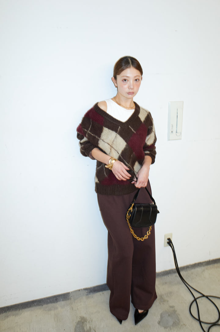 [予約/SET]モヘアタッチアーガイルVネックプルオーバー+裏起毛スウェットワイドパンツ(2set)