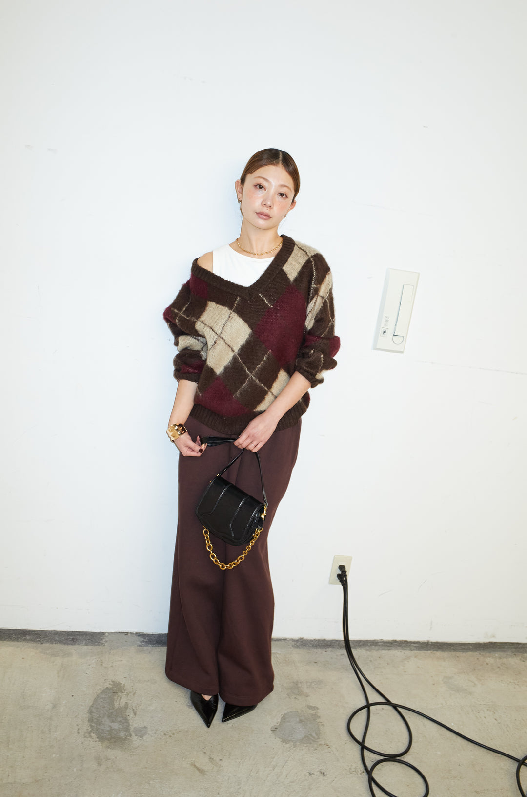 [予約/SET]モヘアタッチアーガイルVネックプルオーバー+裏起毛スウェットワイドパンツ(2set)