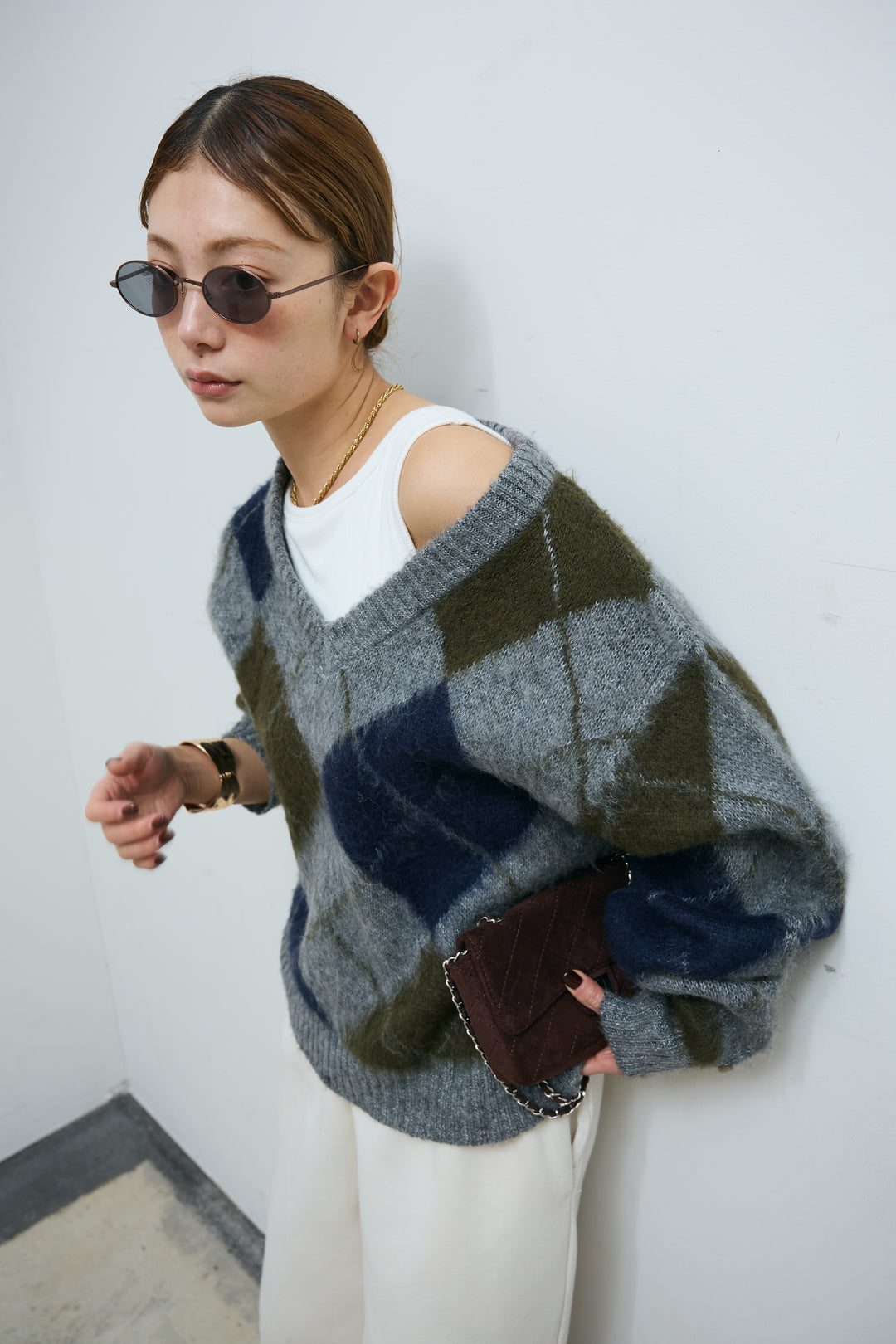 [予約/SET]モヘアタッチアーガイルVネックプルオーバー+裏起毛スウェットワイドパンツ(2set)