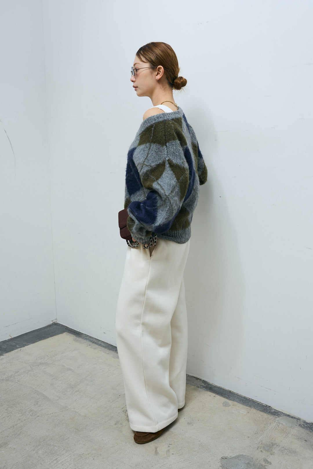 [予約/SET]モヘアタッチアーガイルVネックプルオーバー+裏起毛スウェットワイドパンツ(2set)