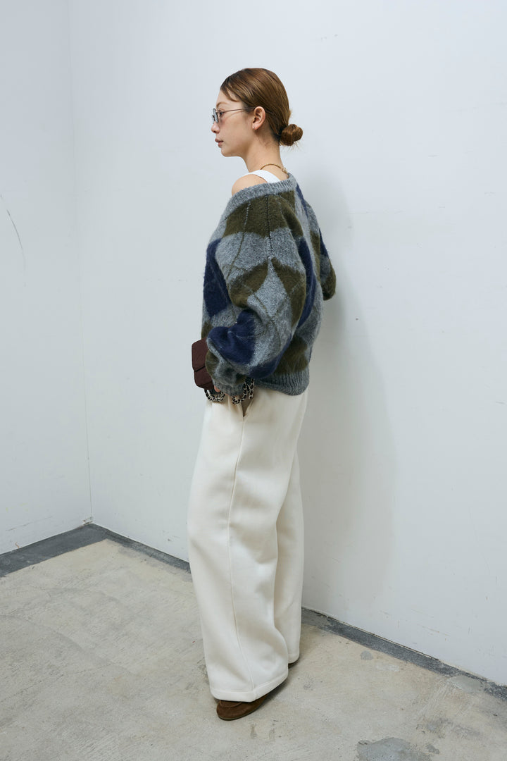 [予約/SET]モヘアタッチアーガイルVネックプルオーバー+裏起毛スウェットワイドパンツ(2set)