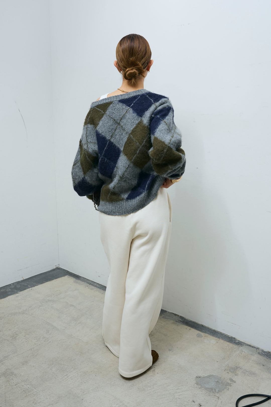 [予約/SET]モヘアタッチアーガイルVネックプルオーバー+裏起毛スウェットワイドパンツ(2set)