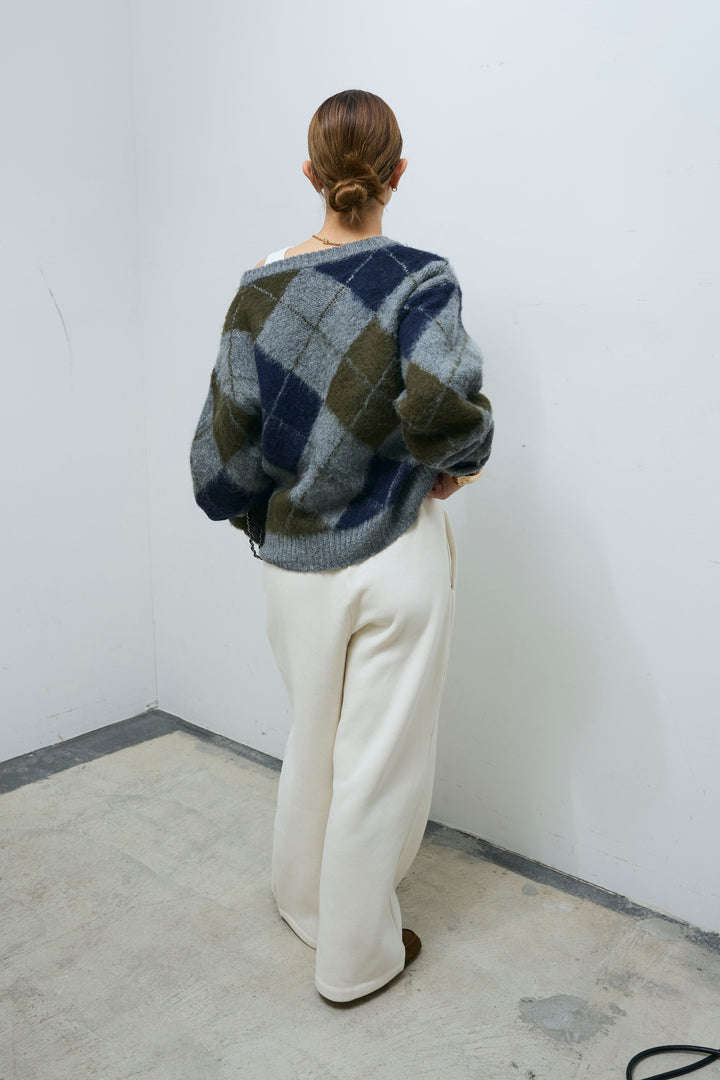 [予約/SET]モヘアタッチアーガイルVネックプルオーバー+裏起毛スウェットワイドパンツ(2set)