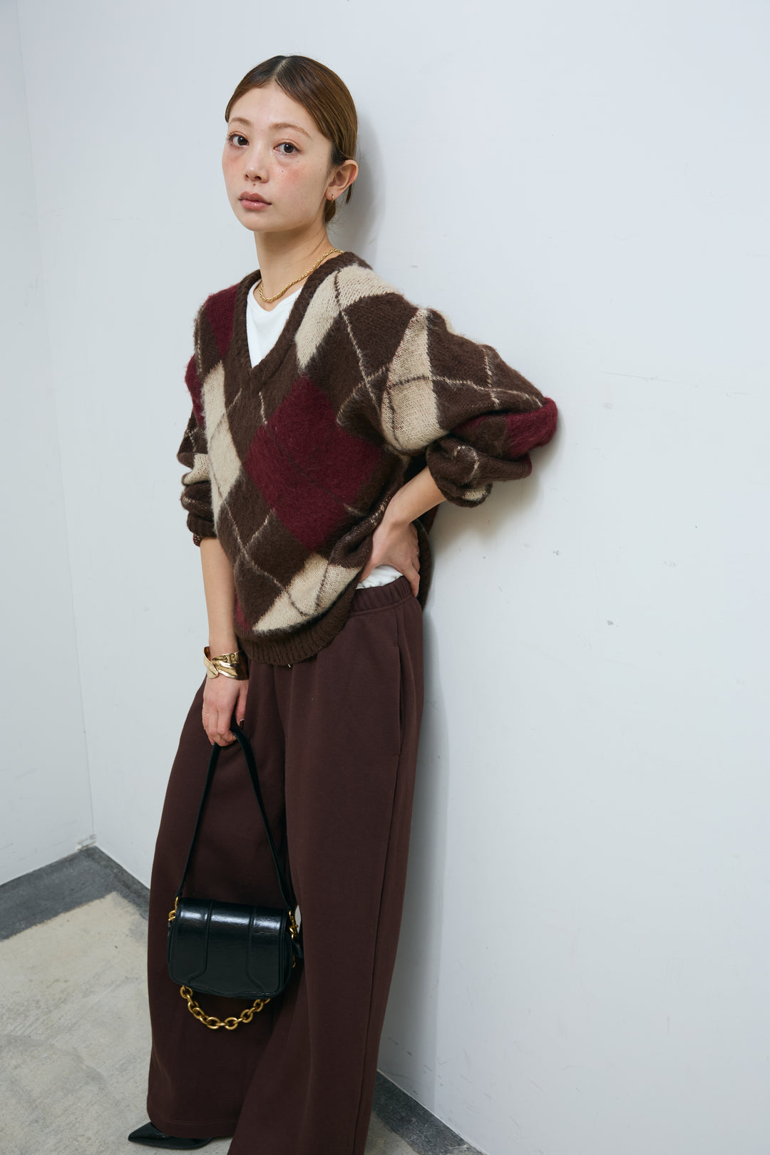 [予約/SET]モヘアタッチアーガイルVネックプルオーバー+裏起毛スウェットワイドパンツ(2set)