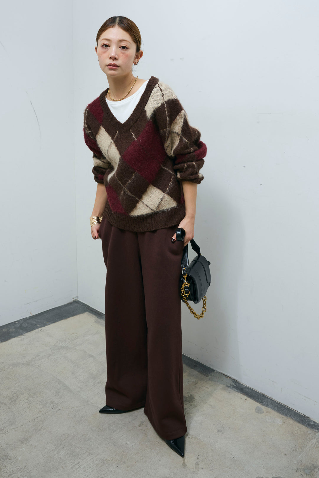 [予約/SET]モヘアタッチアーガイルVネックプルオーバー+裏起毛スウェットワイドパンツ(2set)