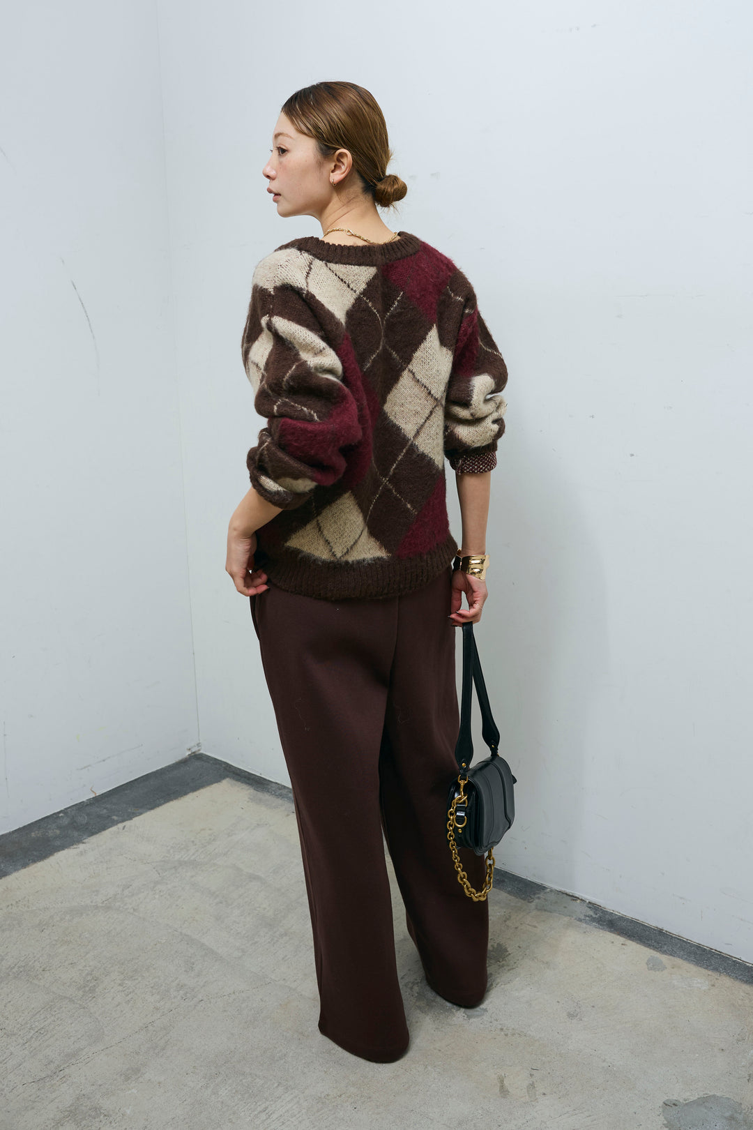 [予約/SET]モヘアタッチアーガイルVネックプルオーバー+裏起毛スウェットワイドパンツ(2set)