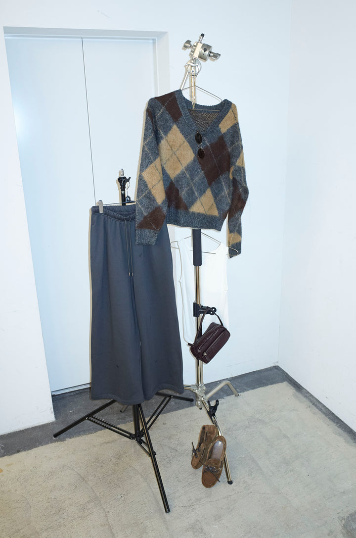 [予約/SET]モヘアタッチアーガイルVネックプルオーバー+裏起毛スウェットワイドパンツ(2set)