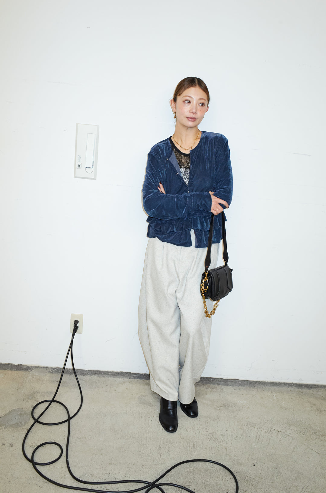 [予約/SET]シアーベロアティアードカーディガン+シアーレーストップス+ミックスカルゼサイドタックコクーンPT(3set)