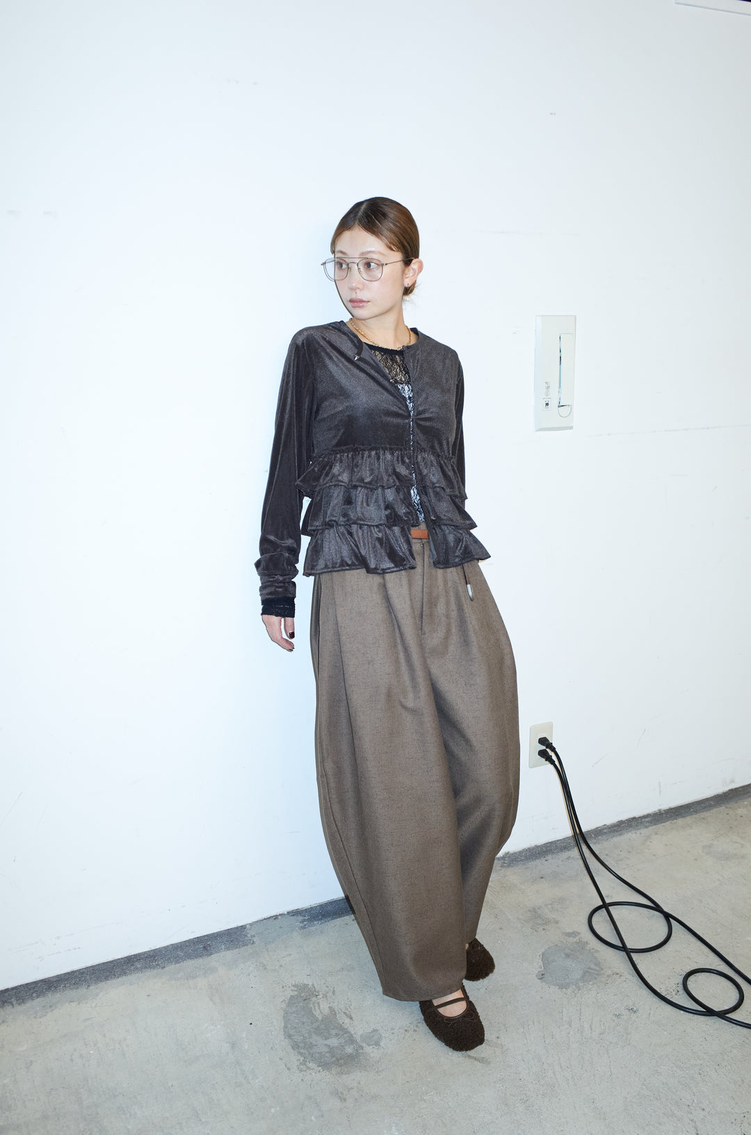 [予約/SET]シアーベロアティアードカーディガン+シアーレーストップス+ミックスカルゼサイドタックコクーンPT(3set)