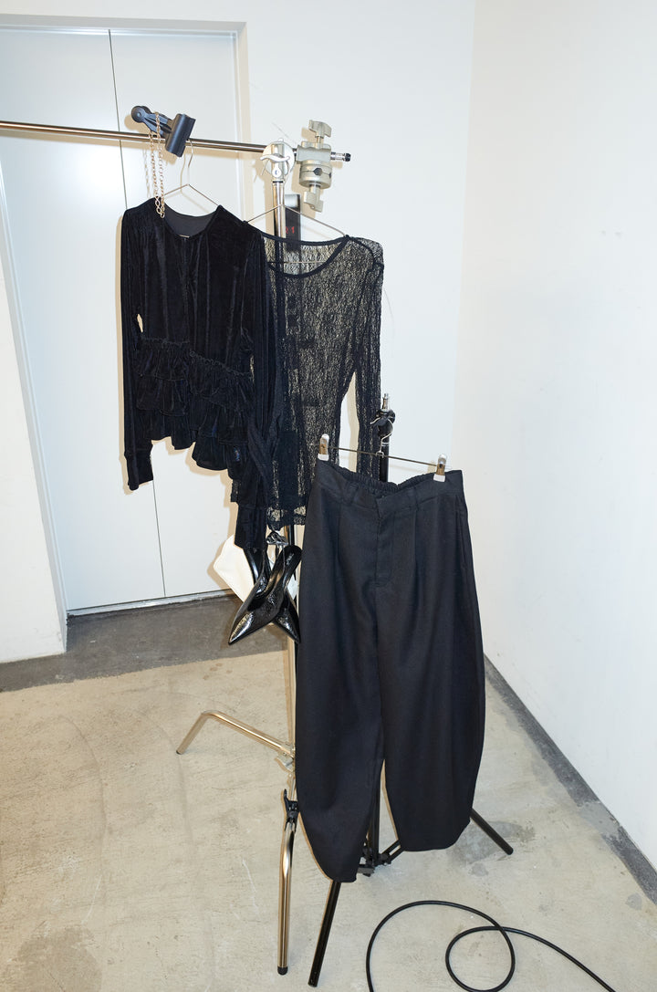 [予約/SET]シアーベロアティアードカーディガン+ミックスカルゼサイドタックコクーンPT(2set)