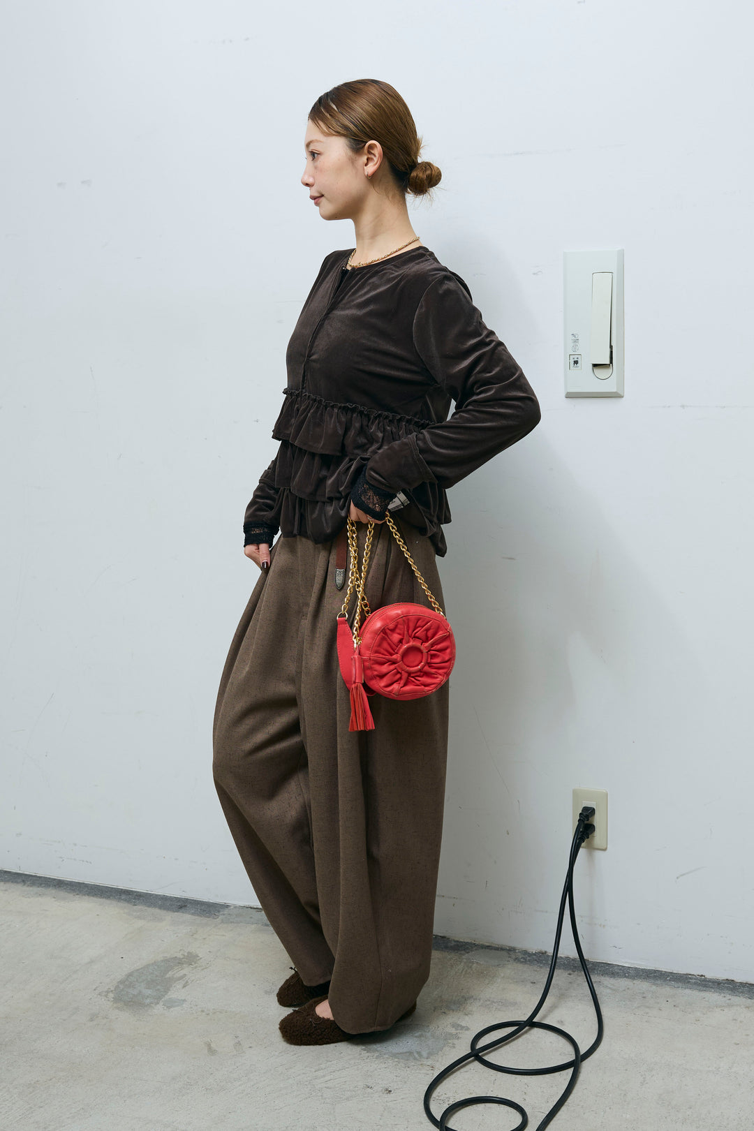 [予約/SET]シアーベロアティアードカーディガン+シアーレーストップス+ミックスカルゼサイドタックコクーンPT(3set)