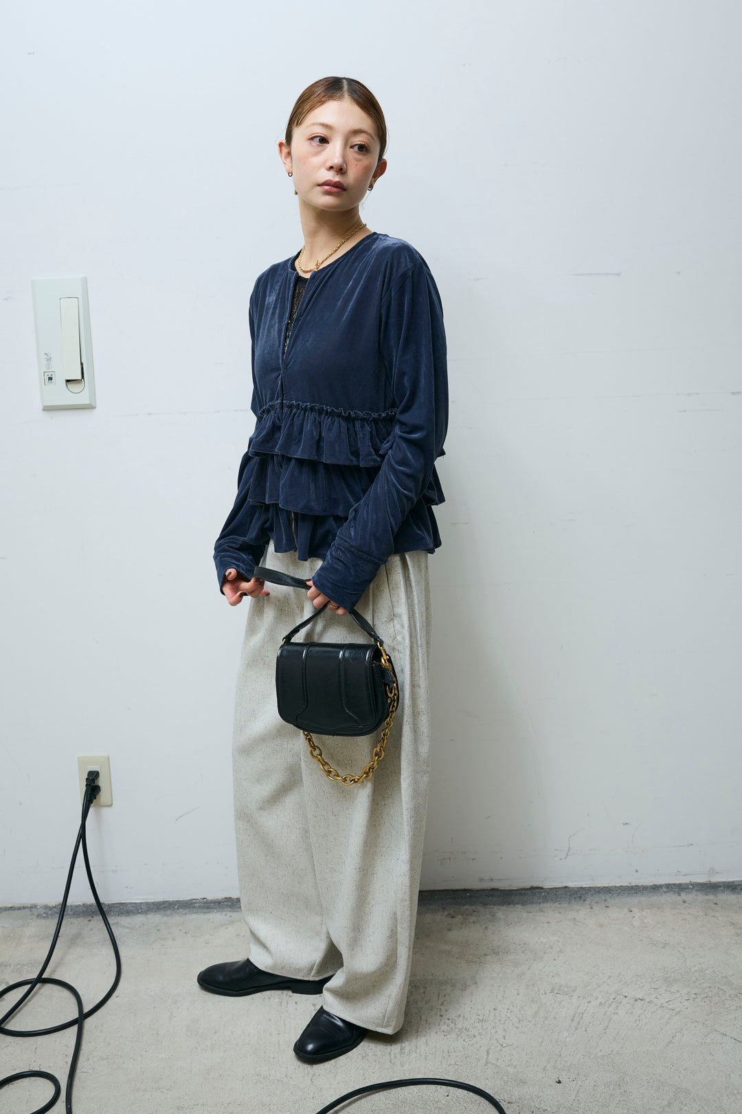 [予約/SET]シアーベロアティアードカーディガン+シアーレーストップス+ミックスカルゼサイドタックコクーンPT(3set)